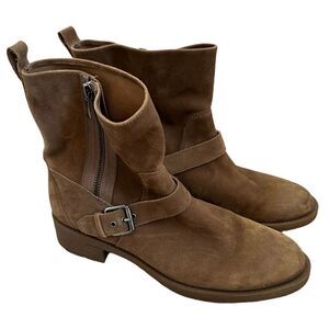 Nine West Hanzil Brown Taupe Distressed Suede Moto Zip Ankle Boots size 7 Womens